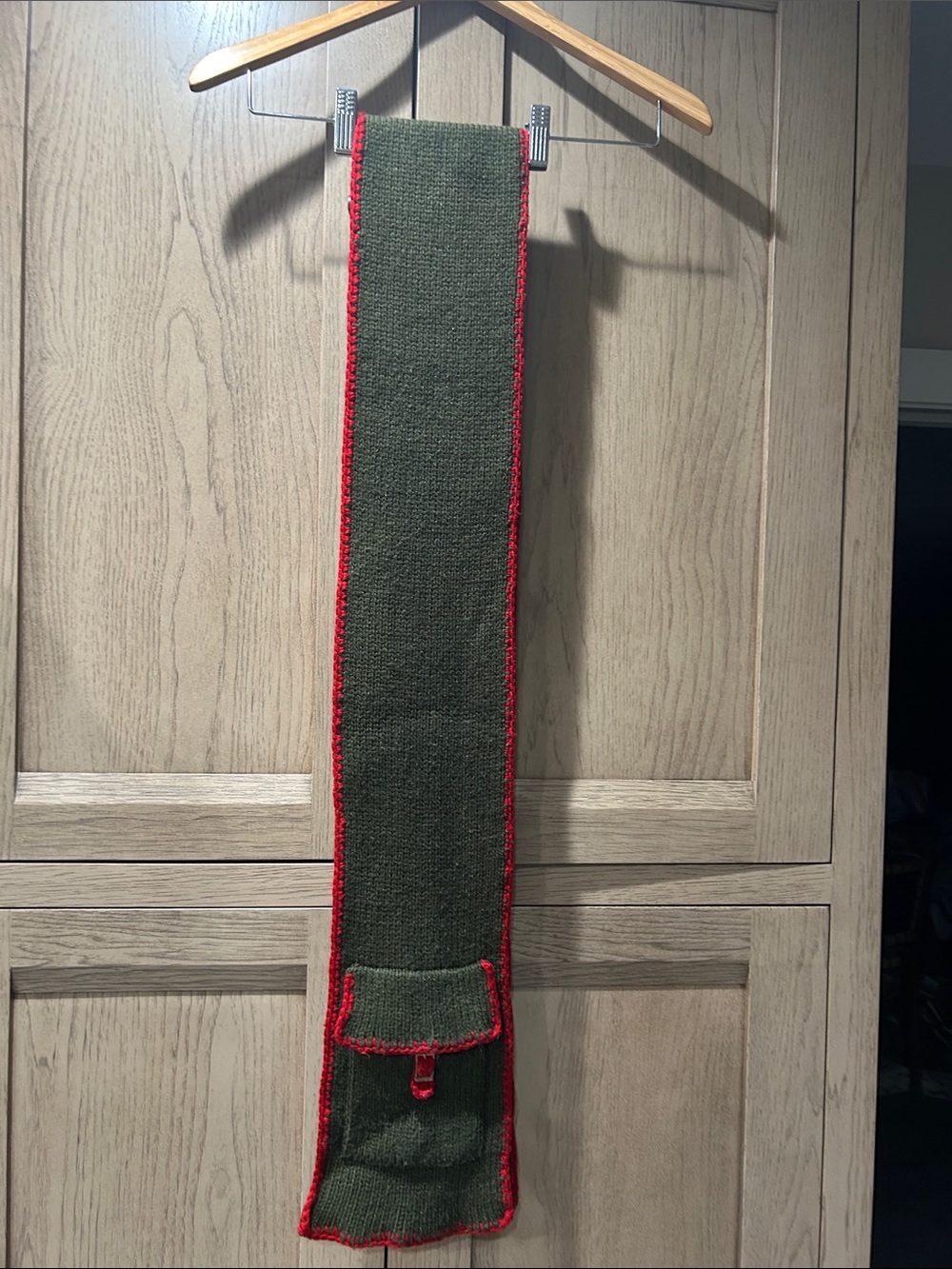 Olive Green Knit Scarf with Red Trim and Pockets!